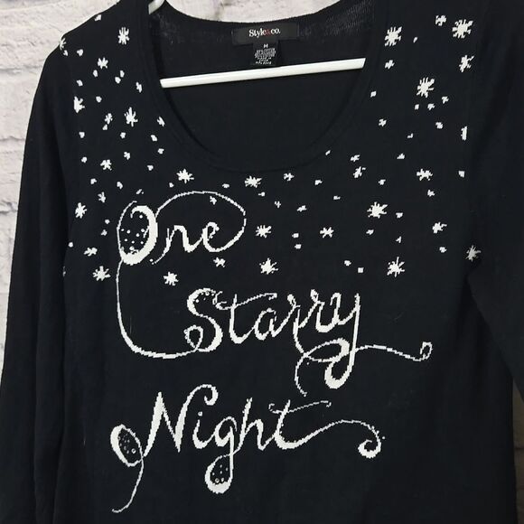 Womens Black Sweater Starry Night Embellished Script Snowflake Asymmetric Tunic - Picture 3 of 9